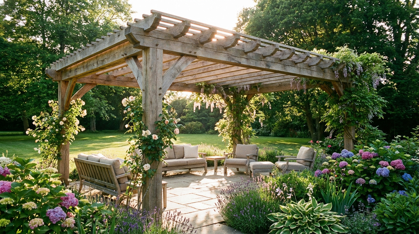 Pergola en bois robuste avec plantes grimpantes (roses, glycine) couvrant un patio meublé de canapés et chaises, entourée de fleurs et d'arbres.