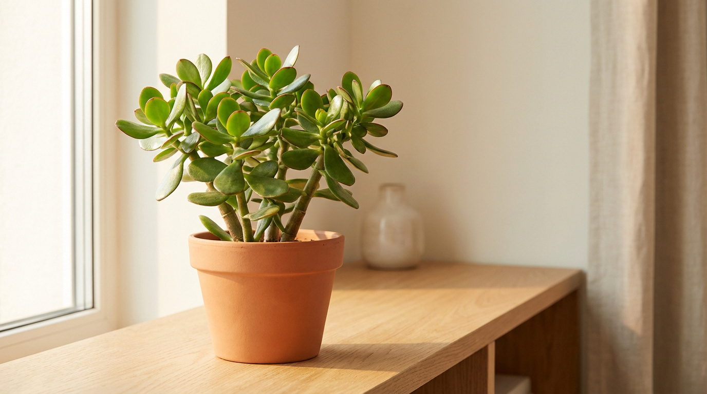 Arbre de jade vert dans un pot en terre cuite. La plante est sur une étagère en bois clair près d'une fenêtre inondée de lumière naturelle.