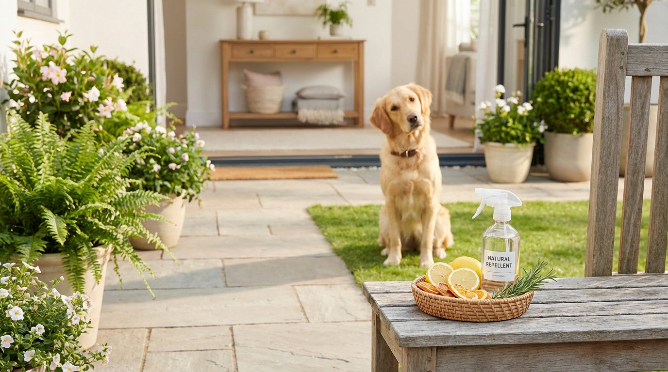 Un chien Golden Retriever assis sur l'herbe à côté d'une terrasse ensoleillée. Sur une table, un répulsif naturel avec citron, orange, romarin.