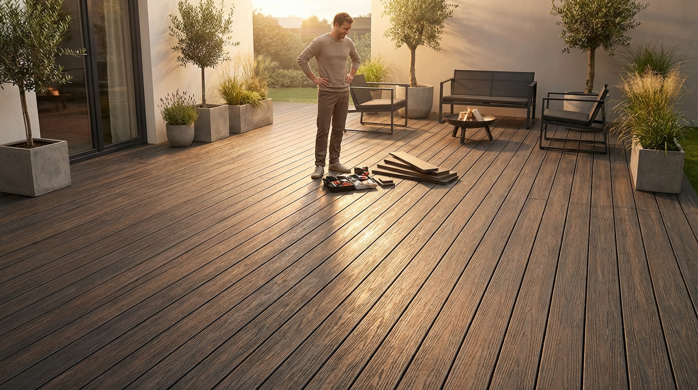 Un homme sur une élégante terrasse composite, avec outils et lames. Lumière douce de fin de journée sur l'espace extérieur.