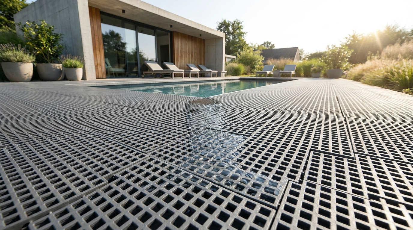 Caillebotis plastique gris foncé drainant l'eau autour d'une piscine moderne avec villa en béton et bois sous le soleil.
