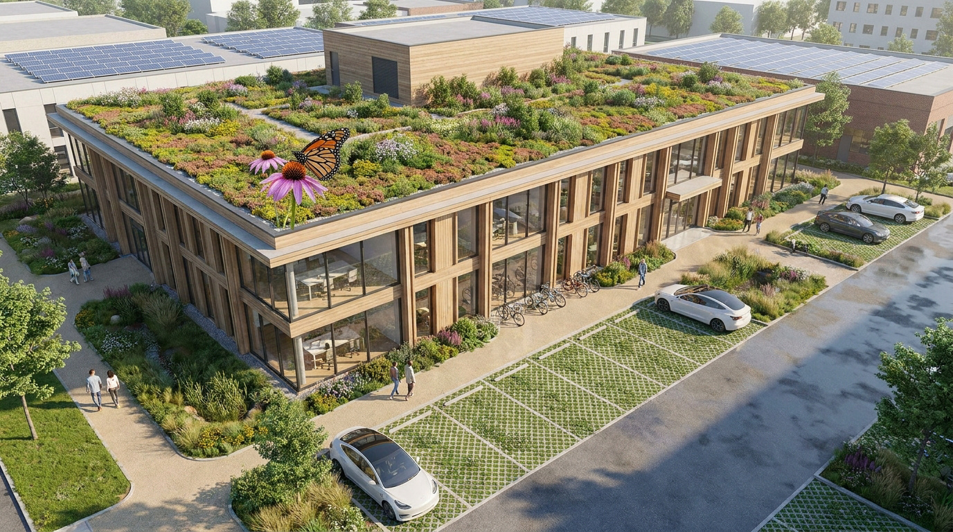Bâtiment moderne avec toit végétalisé luxuriant, fleurs, papillon monarque, panneaux solaires et parking perméable.