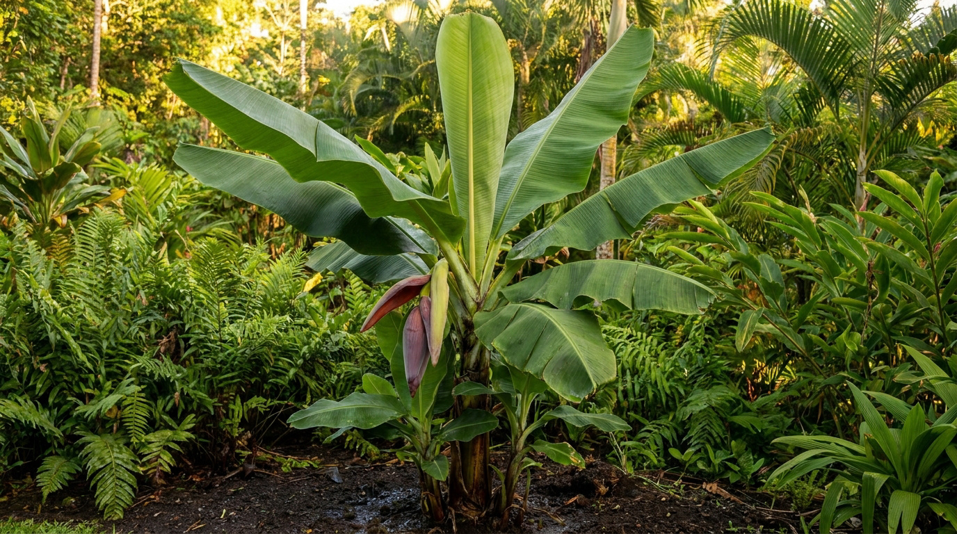 Un jeune bananier avec son inflorescence violette au milieu d'un jardin tropical luxuriant sous une lumière dorée.