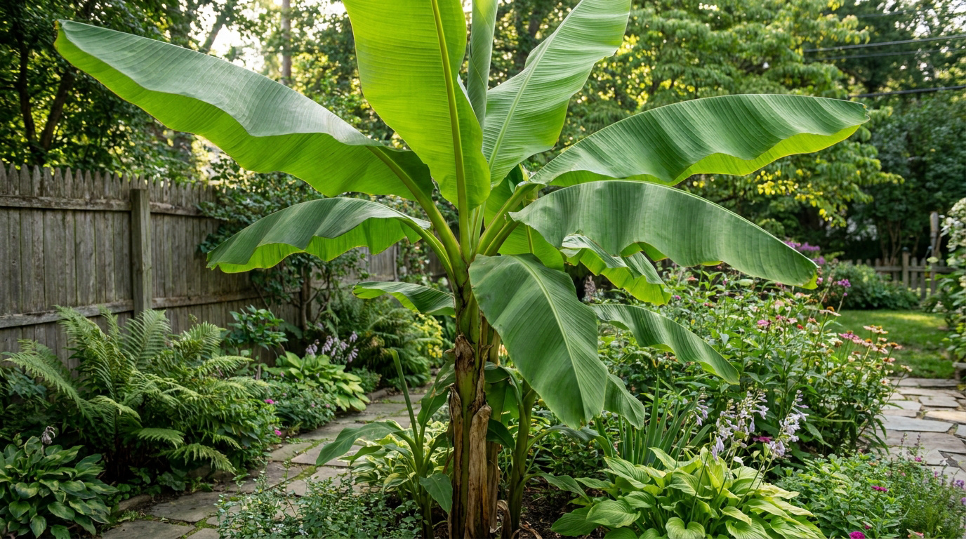 Un bananier du Japon (Musa basjoo) avec ses larges feuilles vertes dans un jardin luxuriant.