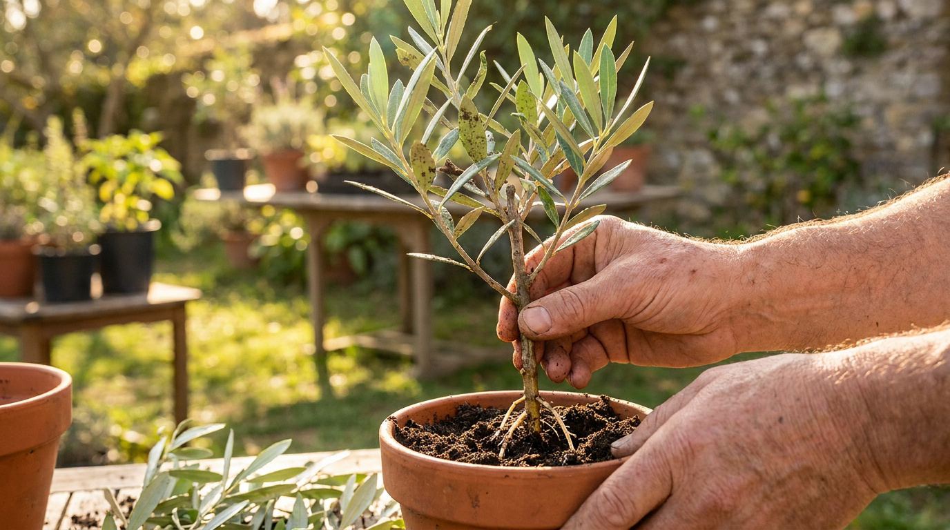 Des mains de jardinier plantant une jeune bouture d'olivier enracinée dans un pot en terre cuite.