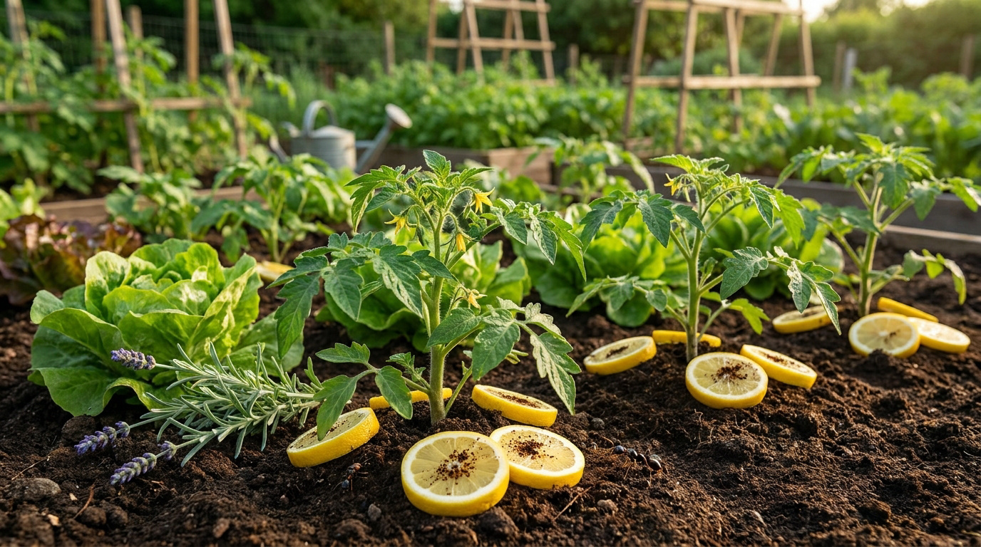 Tranches de citron déposées au pied de plants de tomates et de salades pour repousser les fourmis dans un potager.