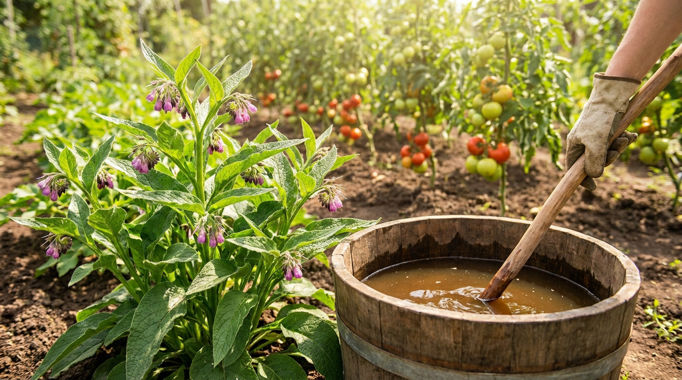 Un jardinier mélange du purin de consoude dans un seau en bois à côté de plants de consoude et de tomates.
