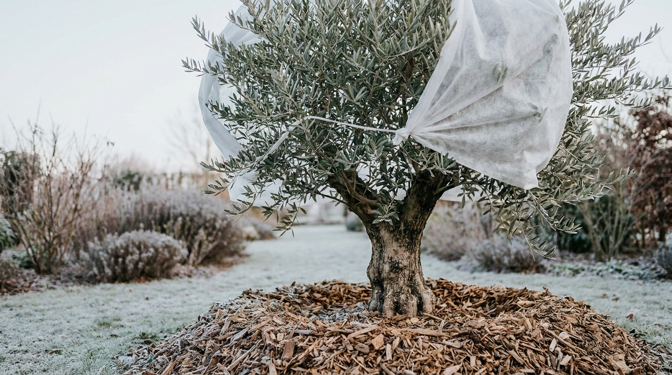 Un olivier protégé par un voile d'hivernage blanc dans un jardin givré en hiver.