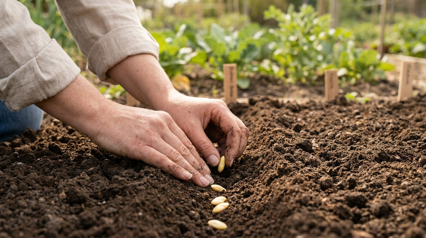 Mains d'un jardinier déposant des graines de haricots beurre dans un sillon de terre fertile au potager.