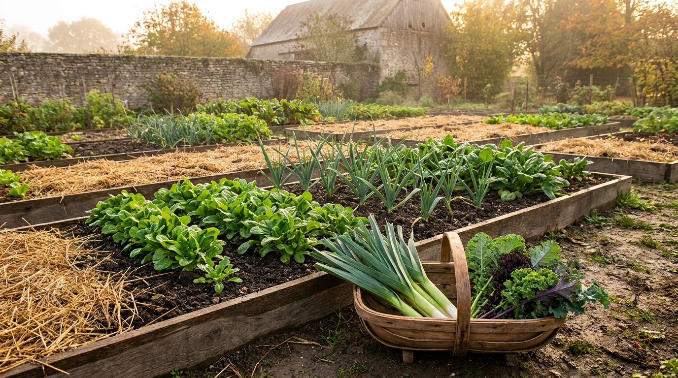 Un potager en carrés avec des légumes verts, du paillis et un panier de récolte dans la lumière matinale d'automne.