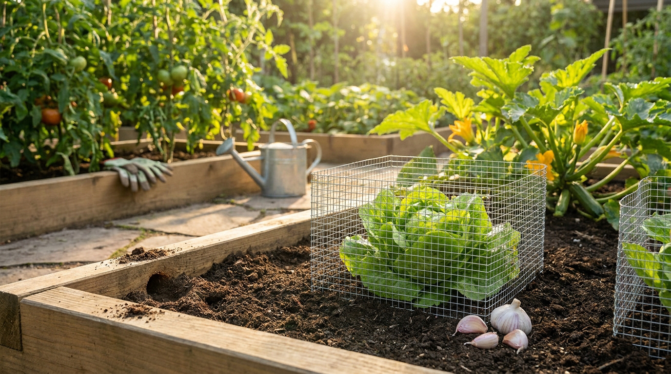 Une laitue protégée par un grillage métallique dans un potager en carrés pour éloigner les nuisibles.
