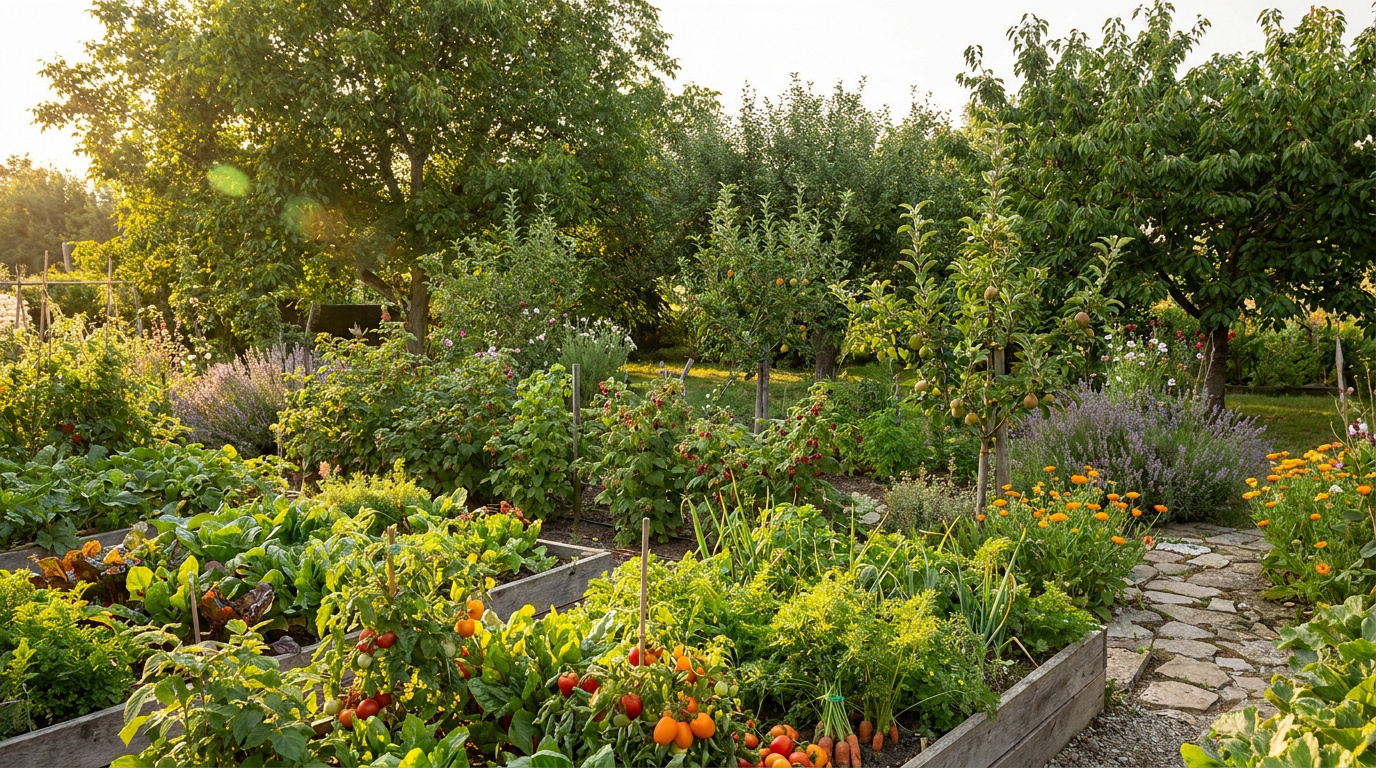 Jardin potager en permaculture avec des bacs en bois, des arbres fruitiers et des fleurs sous un soleil couchant.
