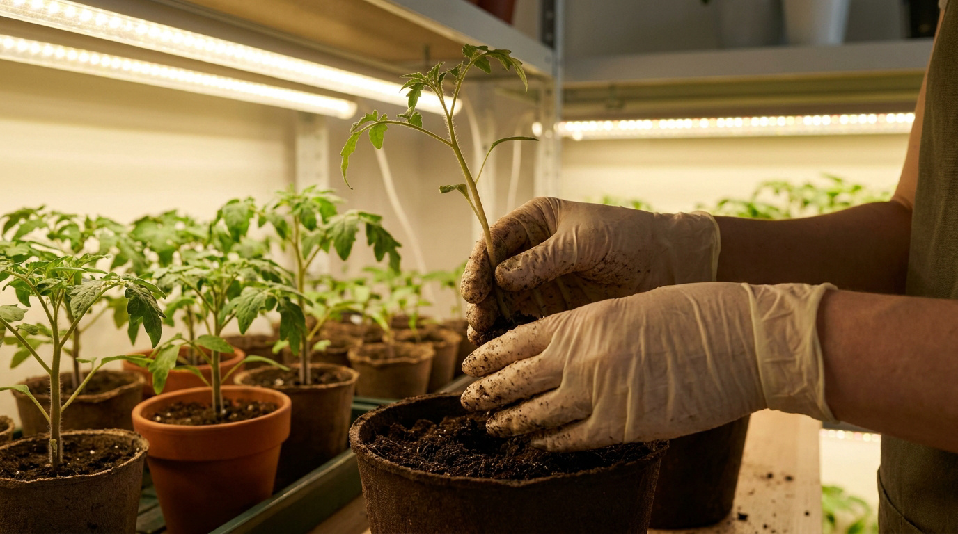 Mains gantées rempotant un jeune plant de tomate sous des lampes de culture LED dans une pépinière intérieure.