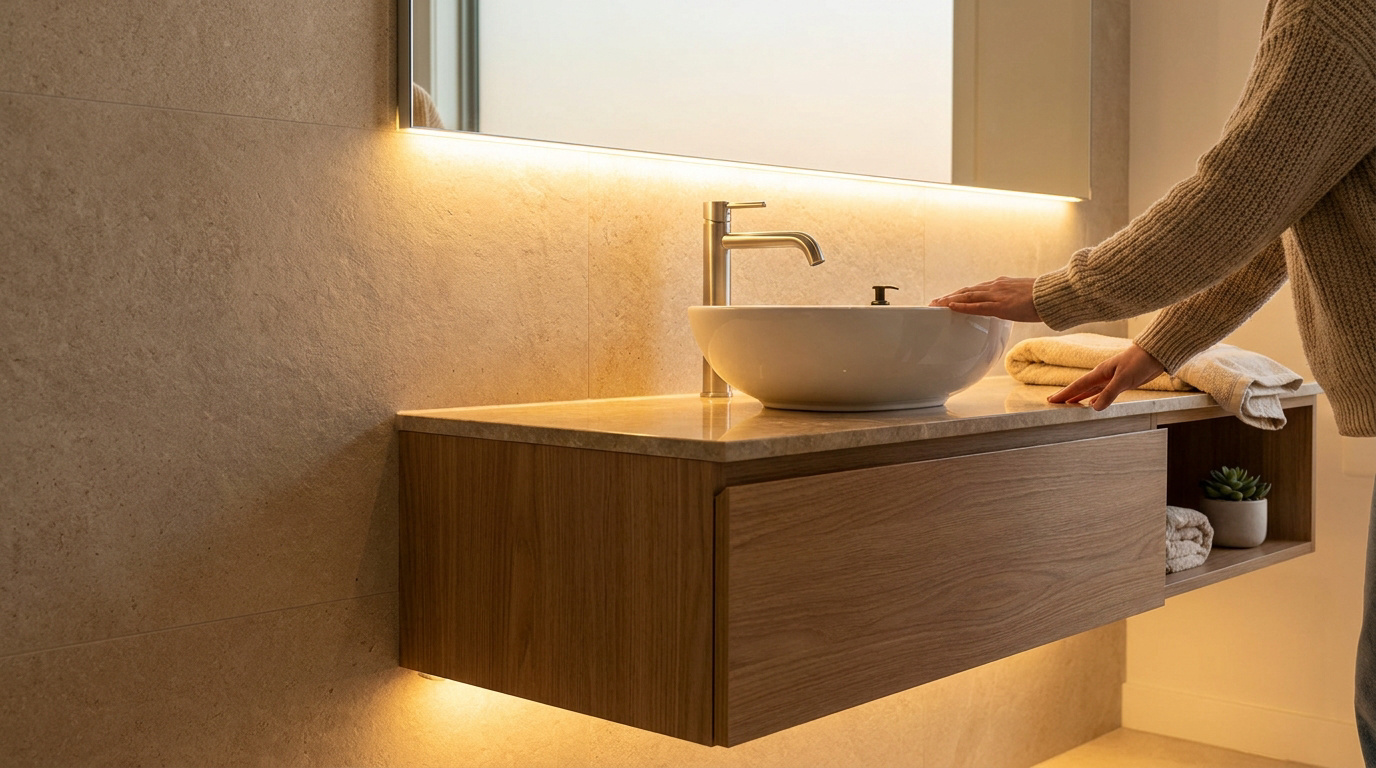 Salle de bain moderne avec meuble vasque suspendu en bois clair, évier bol blanc et éclairage LED. Personne évaluant la hauteur.