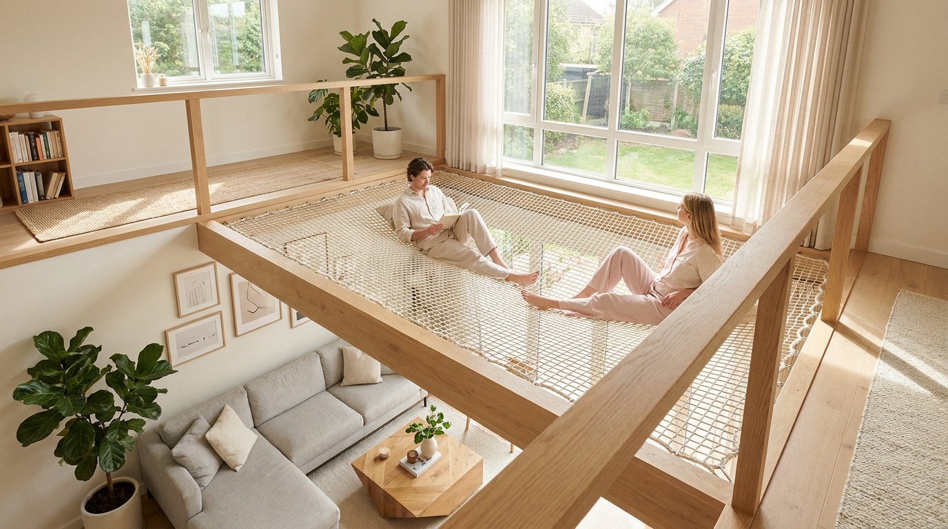 Deux personnes se détendent sur un filet mezzanine blanc, surplombant un salon moderne et lumineux avec vue sur jardin.
