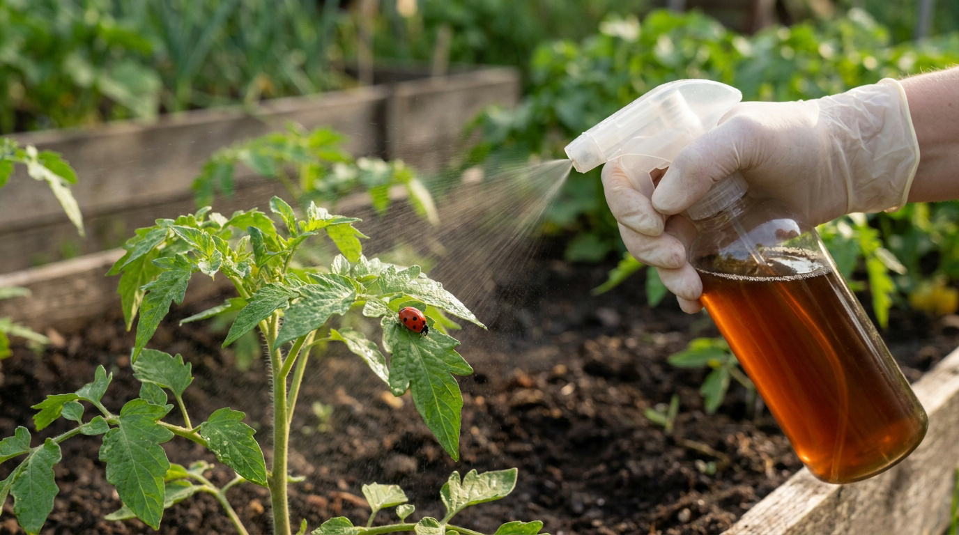 Une main gantée vaporise un traitement naturel sur un plant de tomate avec une coccinelle posée sur une feuille.
