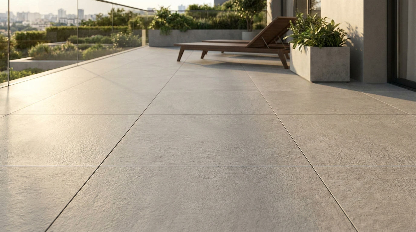 Terrasse moderne avec grandes dalles grès cérame gris clair, transat en bois, jardinière et balustrade en verre.