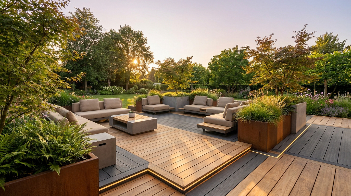 Grande terrasse extérieure moderne en bois et composite avec mobilier lounge beige, plantes et éclairage LED intégré au coucher du soleil.