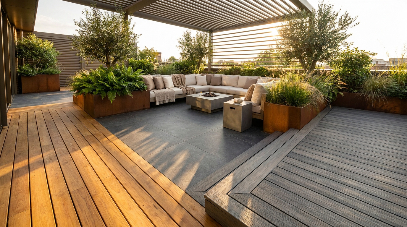 Grande terrasse moderne avec pergola, salon de jardin beige, table foyer, jardinières en acier corten et planchers en bois divers au coucher du soleil.