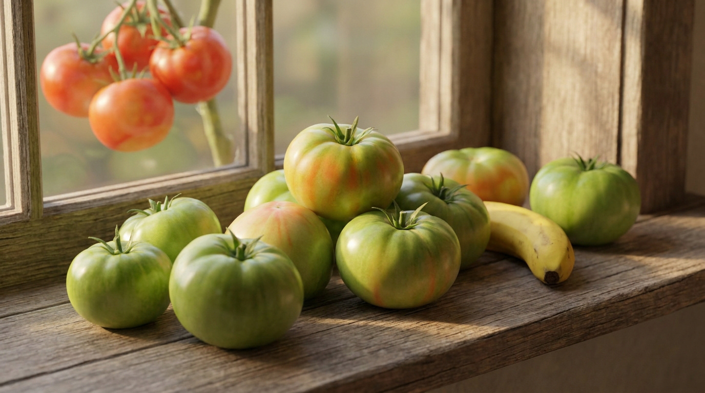 Tomates vertes posées sur un rebord de fenêtre en bois à côté d'une banane pour favoriser leur maturation.