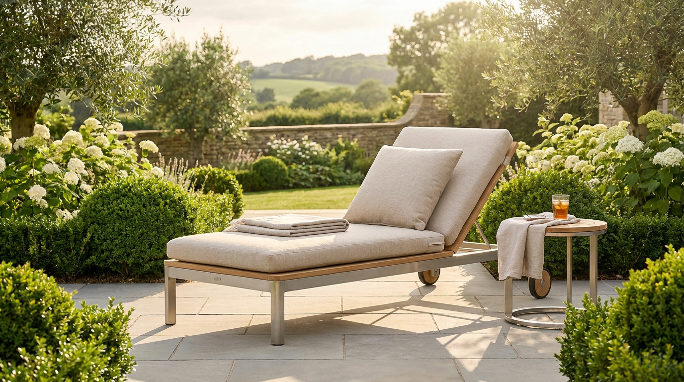 Transat de jardin beige élégant avec coussins et plaid, posé sur une terrasse ensoleillée entourée de verdure et fleurs blanches. Table d'appoint avec boisson.