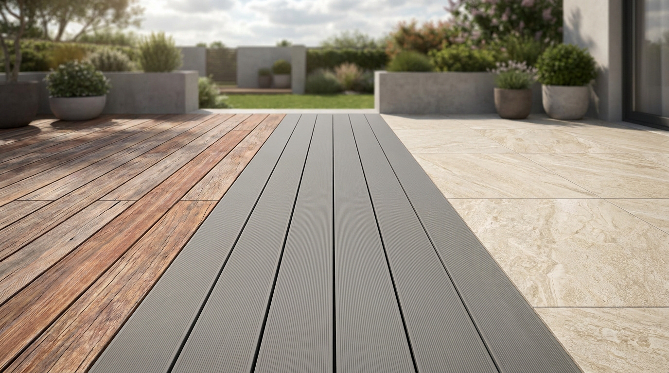 Une terrasse extérieure présentant trois types de revêtements : bois vieilli, lames composites grises et carrelage beige. Jardin en arrière-plan.