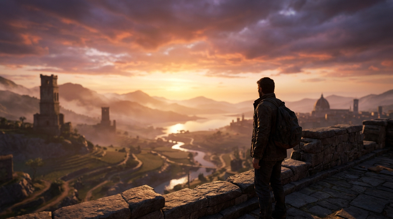 Un homme de dos regarde un vaste panorama de montagnes, de tours anciennes et d'une ville avec un dôme sous un ciel de coucher de soleil flamboyant.